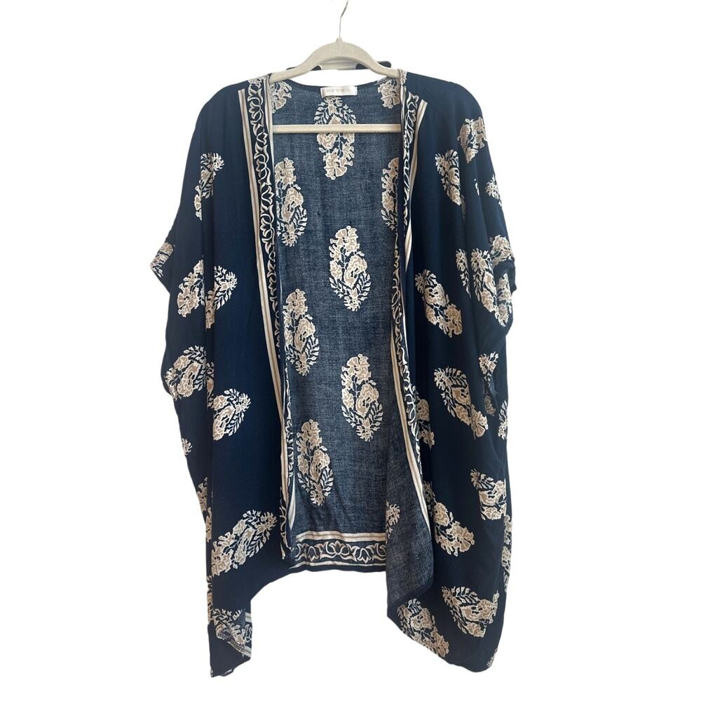 Hipster Row Navy Blue with Beige Boho Paisley Open Front Kimono